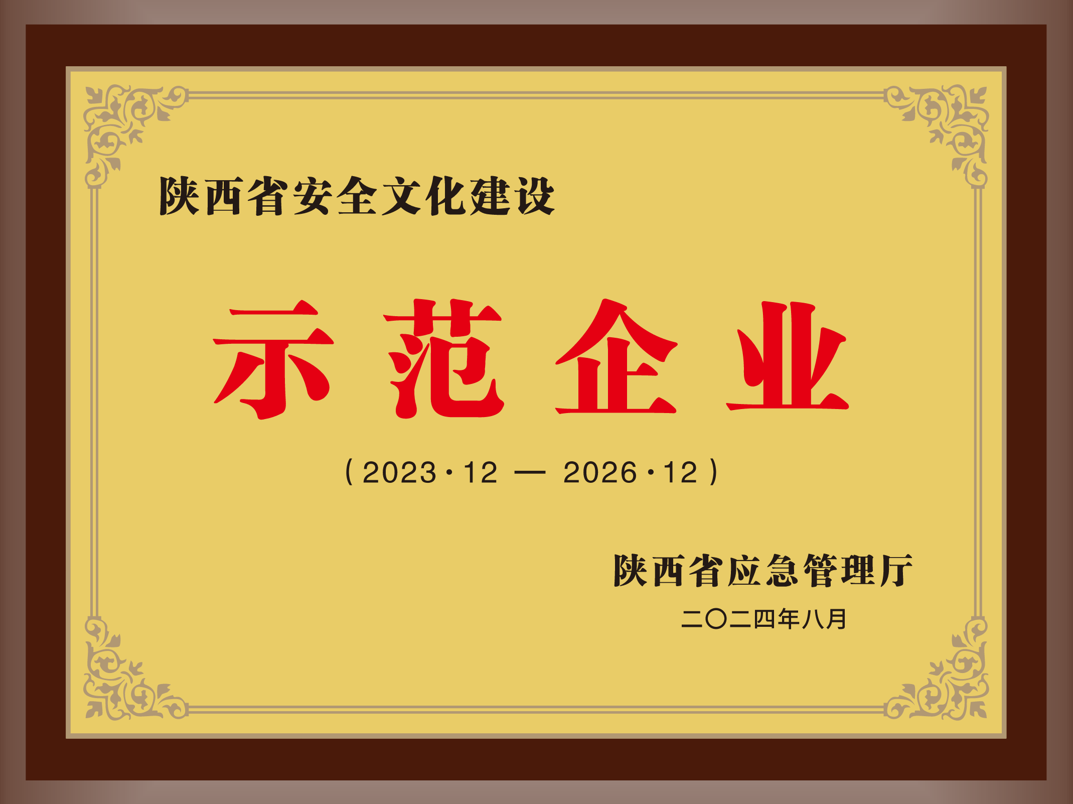 43.2024年，，，，，，被陕西省应急治理厅授予陕西省清静文化建设树模企业；；；.png